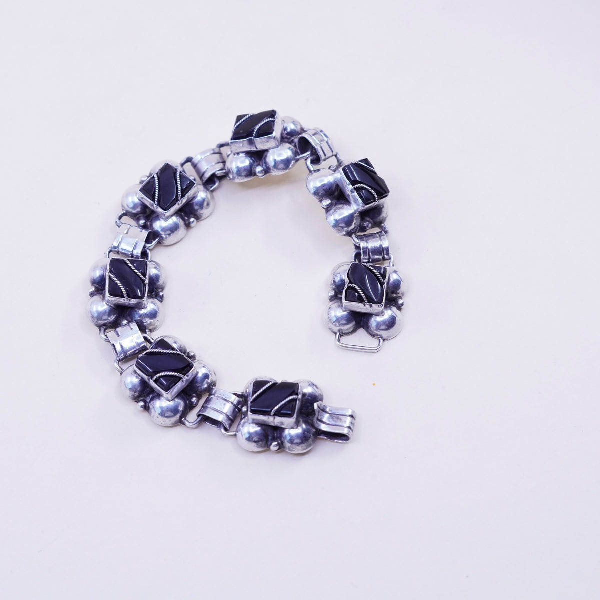 6.5”, vintage sterling 925 silver handmade tennis bracelet with obsidian beads