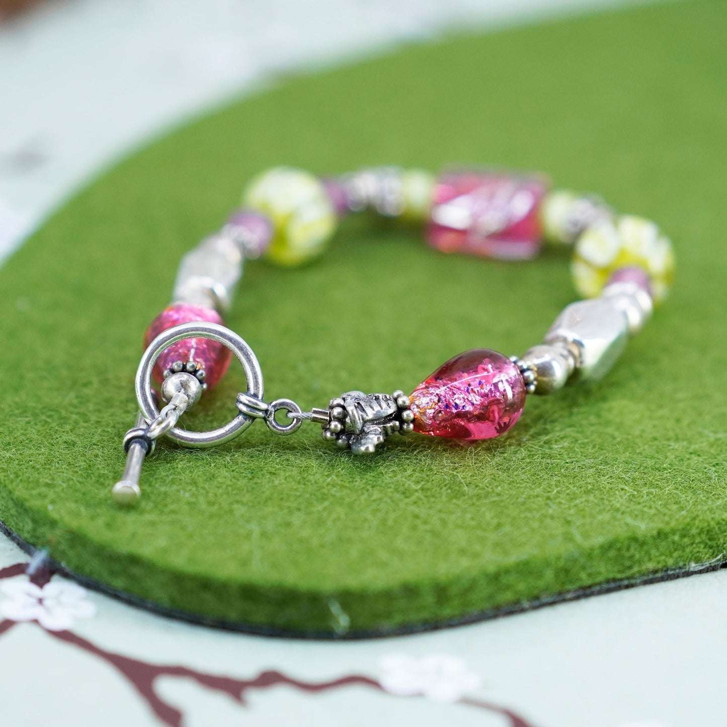6.5”, vintage 925 Sterling silver bracelet with artisan pink glass beads