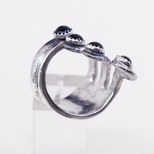 Sz 10 Southwestern Handmade WM Rogers Spoon Ring, Silver Plated Band W Obsidian