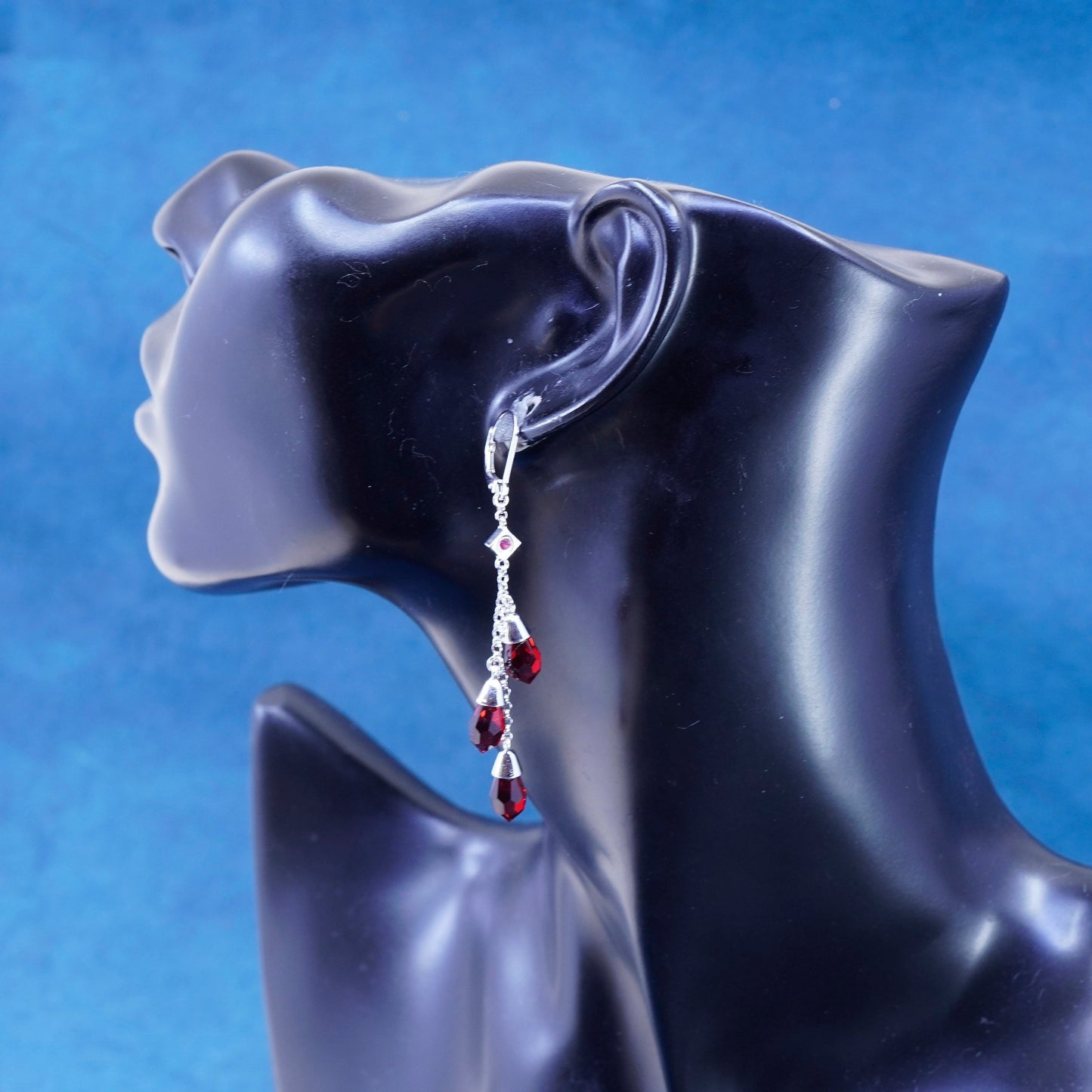 Designer Elle sterling 925 silver handmade earrings with teardrop ruby dangles
