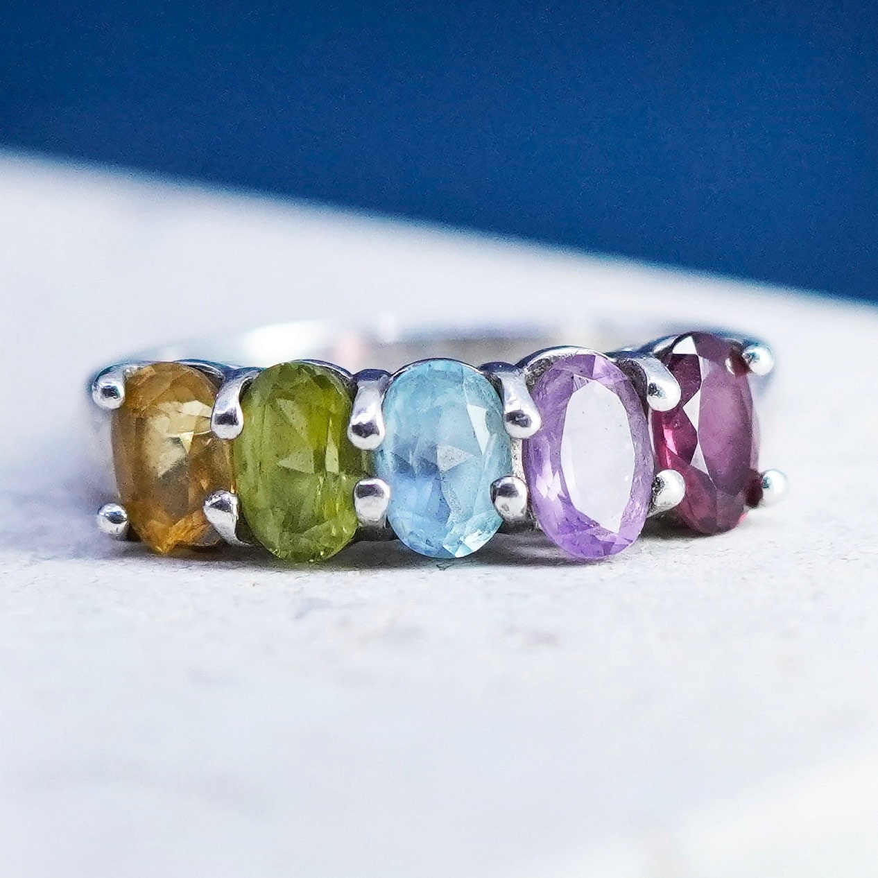 Size 7.25, VTG Sterling silver 925 handmade ring peridot citrine amethyst topaz