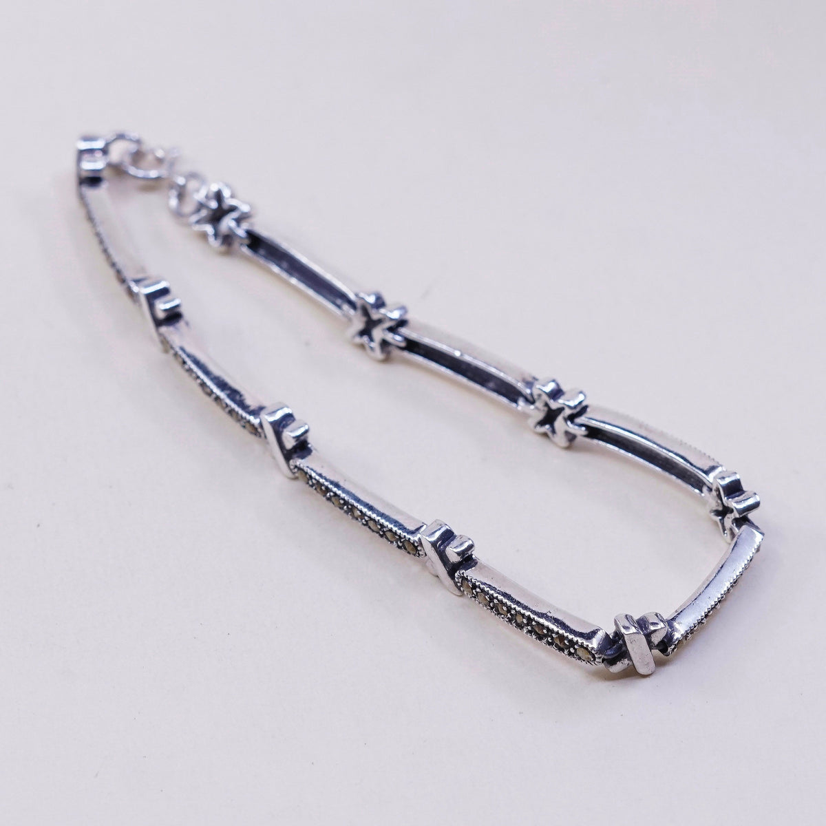 7.5”, VTG sterling silver handmade tennis bracelet, fine 925 w/ marcasite
