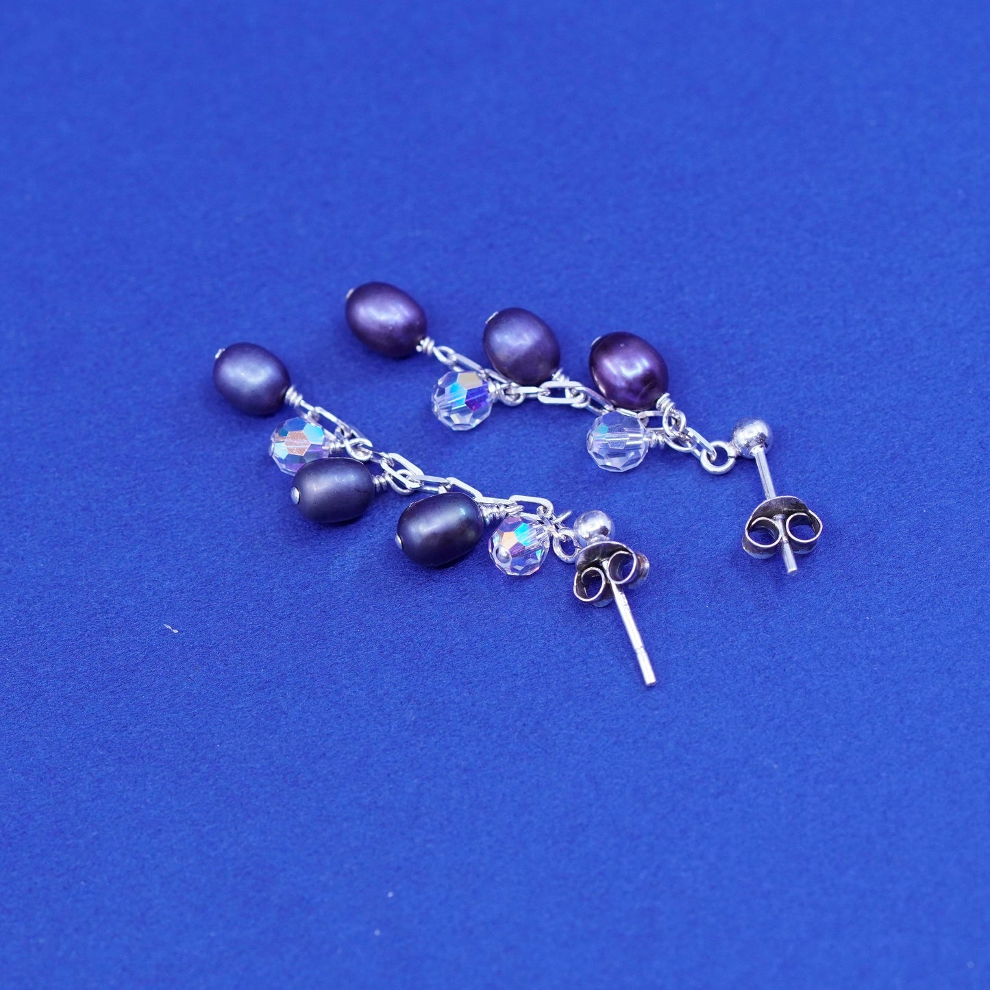 Vintage Sterling silver earrings, 925 hooks with cluster black pearl crystal