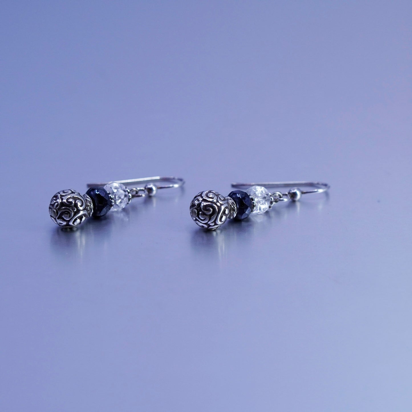 Vintage Sterling 925 silver swirly textured beads earrings with crystal