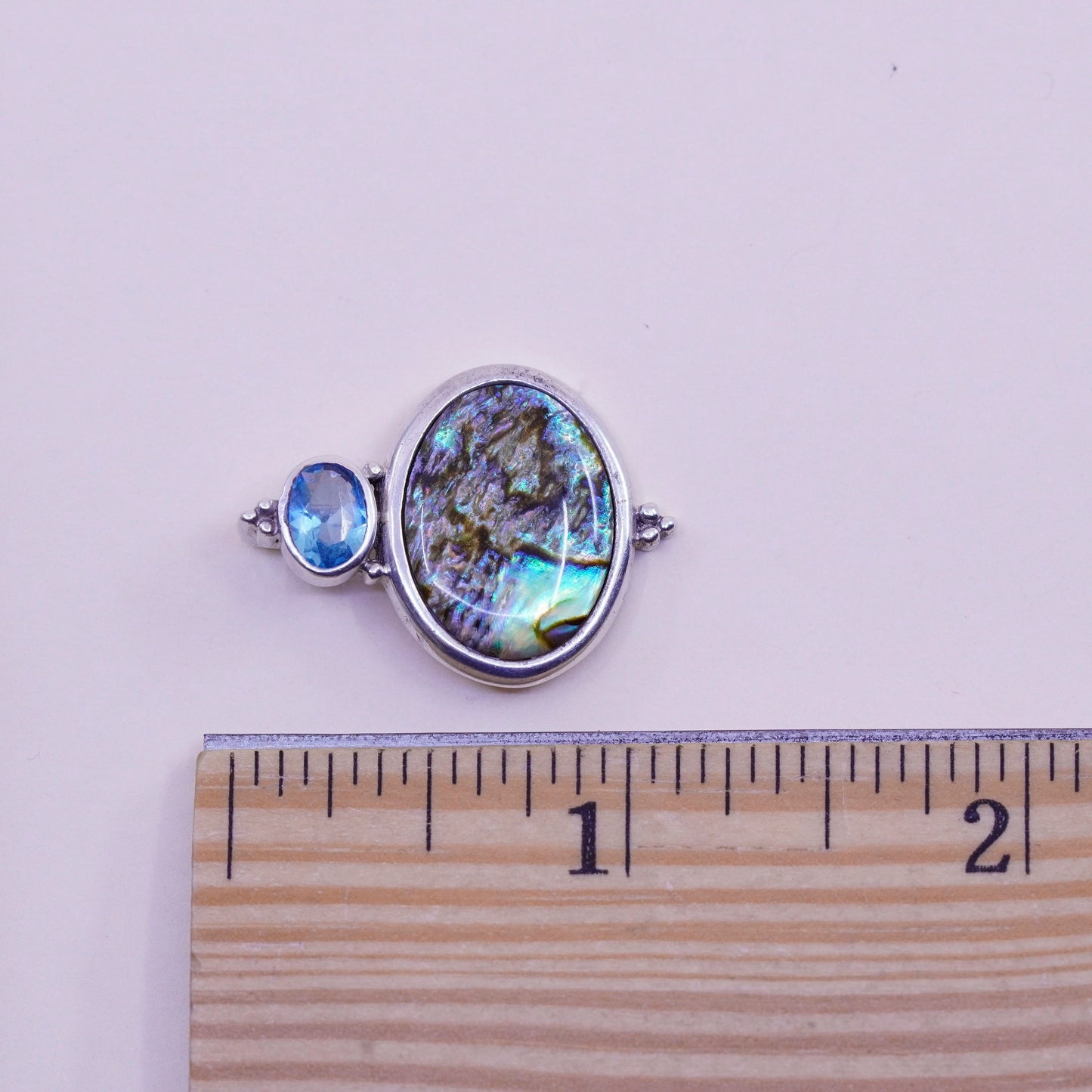 Vintage sterling 925 silver handmade pendant with abalone and topaz