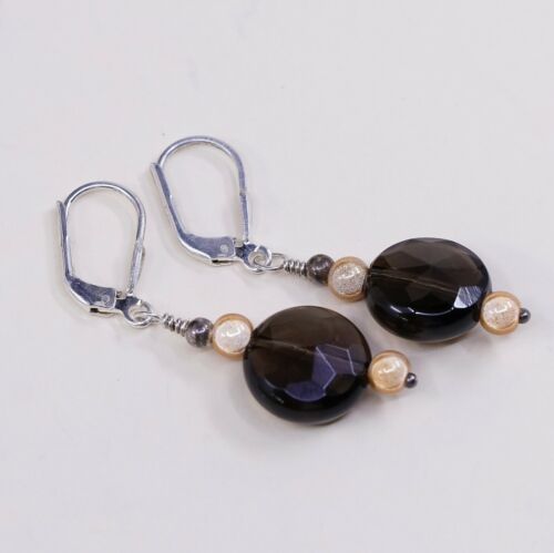 Vtg STERLING 925 SILVER Handmade Lever Back earrings with Smoky Crystal dangles