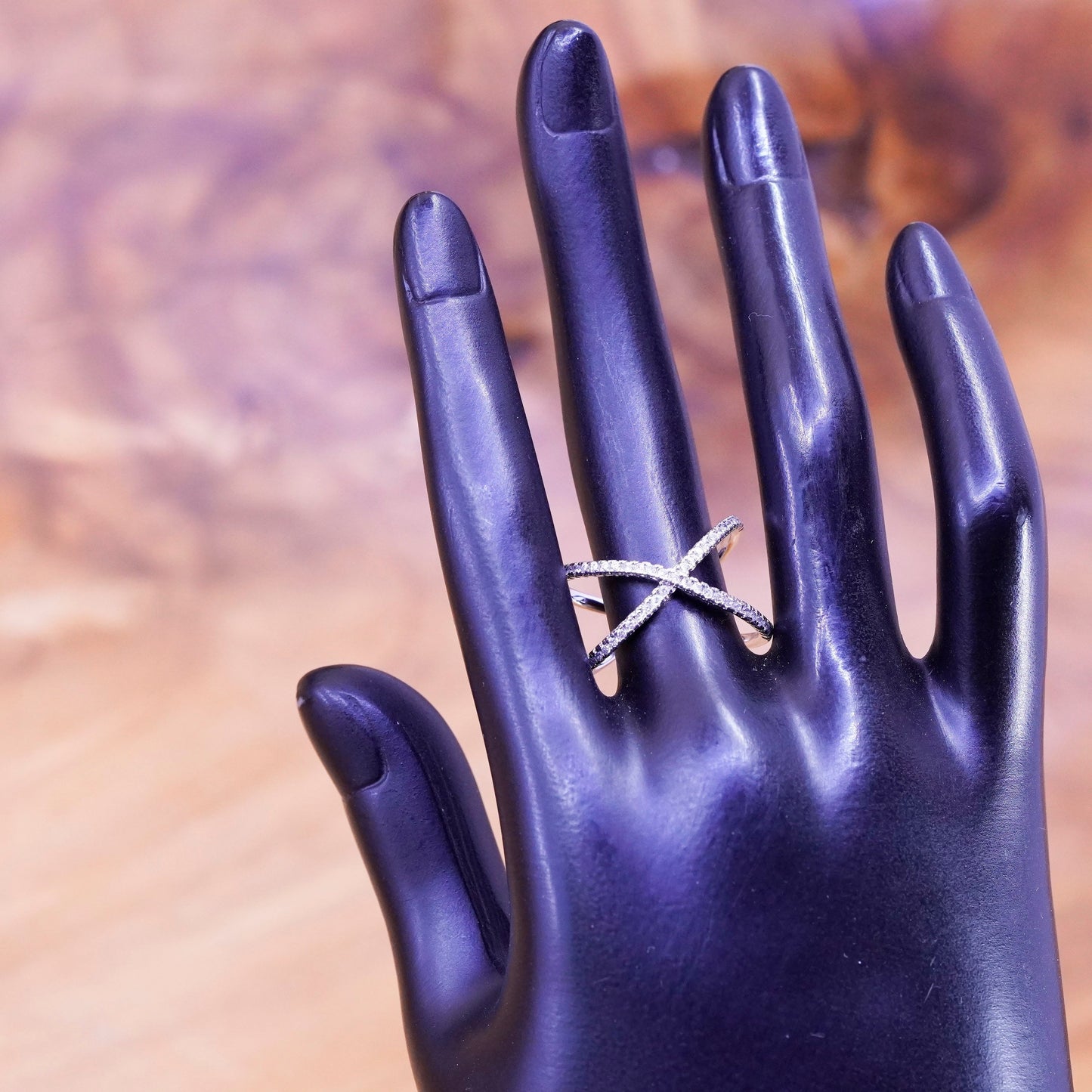 Size 9, vintage Sterling silver handmade ring, 925 cross band with cz