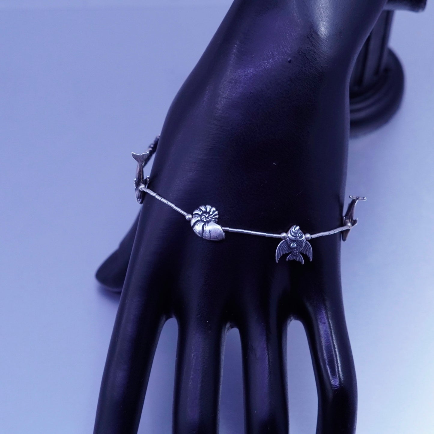 7.25”, Sterling 925 silver bracelet, liquid chain seahorse whale dolphin charm