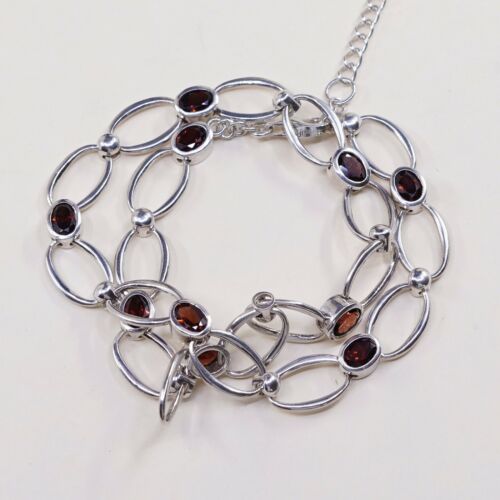 16+2” Vtg Handmade Sterling 925 Silver Oval Chain W/ Ruby Details, Stamped 925
