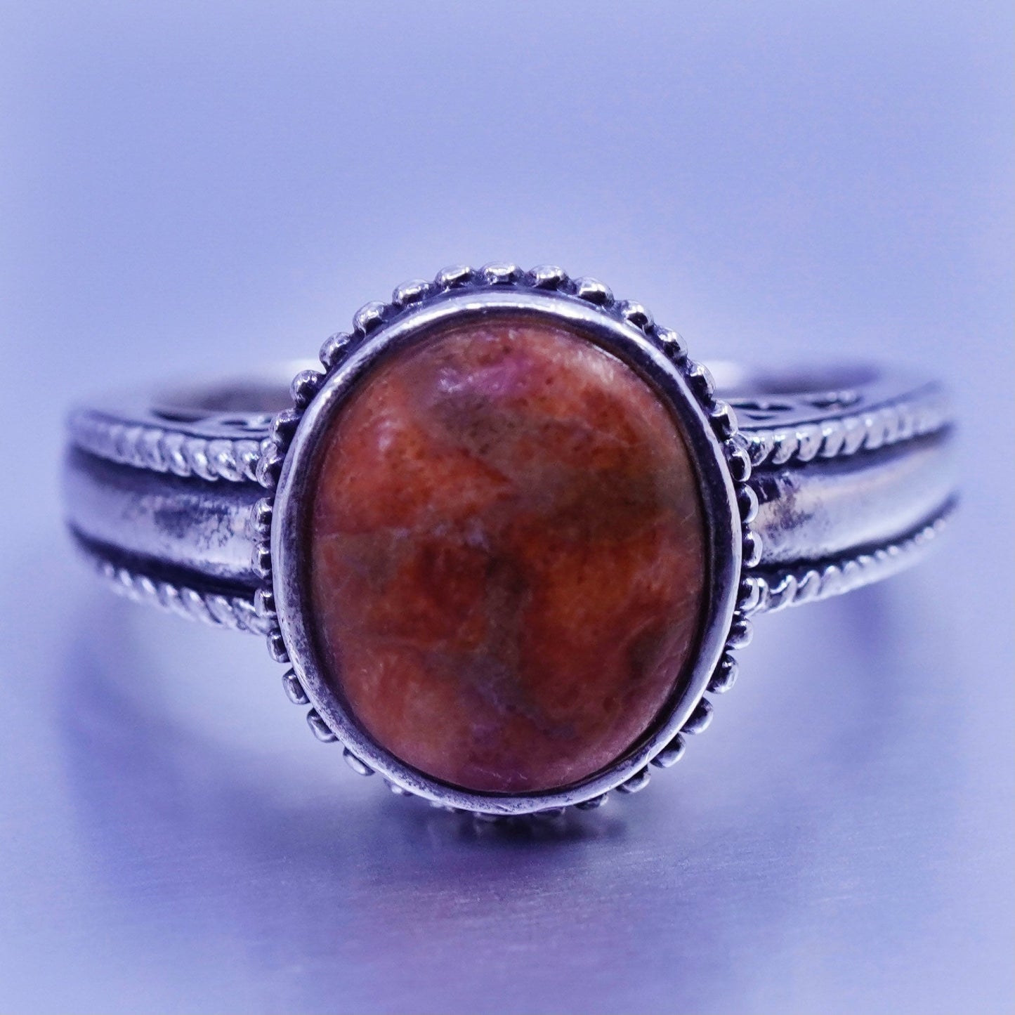 Size 7.25, vintage Sterling 925 silver handmade ring with red jasper and beads