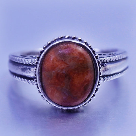 Size 7.25, vintage Sterling 925 silver handmade ring with red jasper and beads