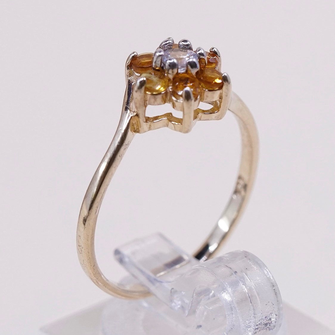 sz 7, Vermeil gold sterling silver citrine ring, 925 flower engagement ring