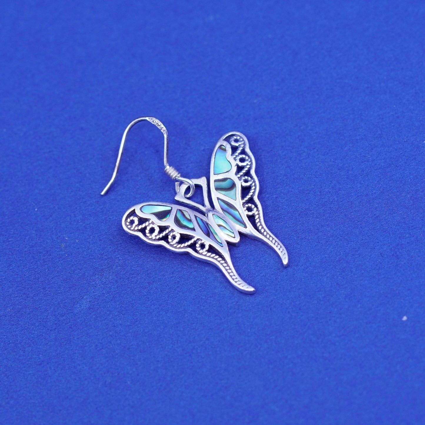 EJI Sterling silver handmade dangles, 925 filigree butterfly earrings abalone