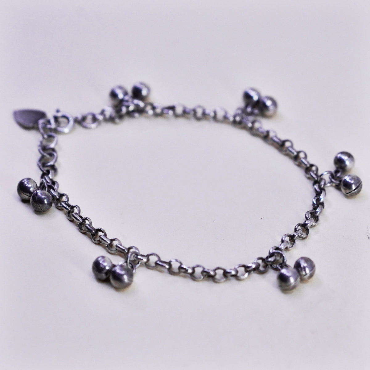 7.75”, Sterling Silver Bracelet, 925 belly dancer chain with chime bell charms