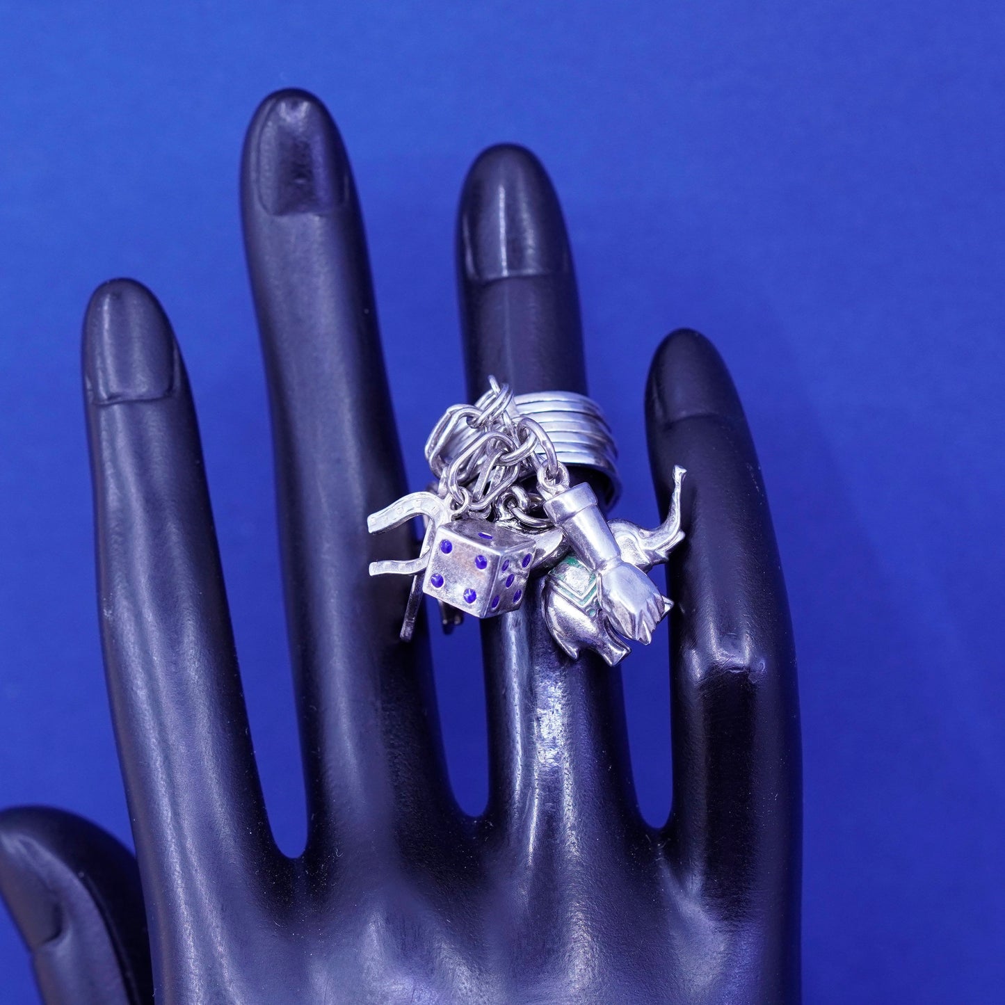 Size 3.5, Sterling 925 silver handmade ring boy dice elephant girl hand charm