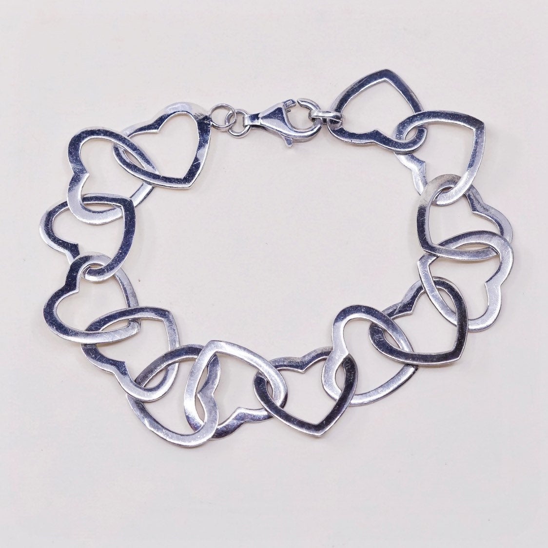 6.5”, VTG sterling silver handmade heart bracelet, 925 chain