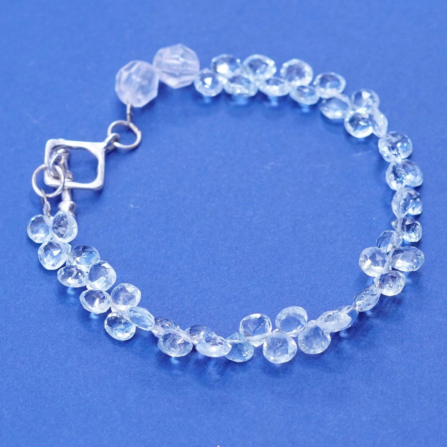 7.5”, sterling silver handmade bracelet, 925 toggle closure blue crystal beads