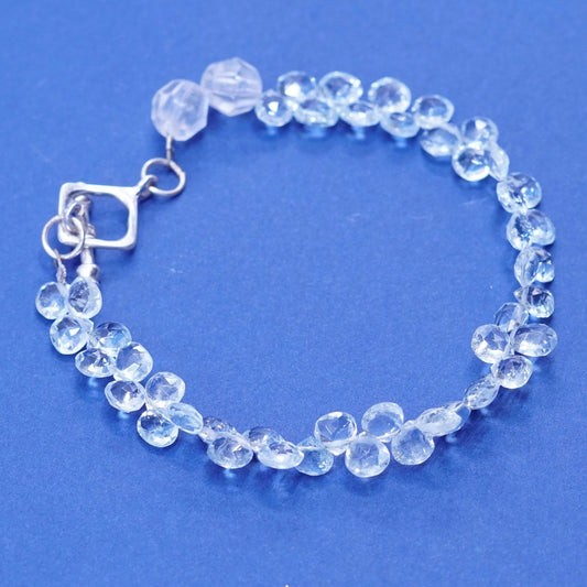 7.5”, sterling silver handmade bracelet, 925 toggle closure blue crystal beads