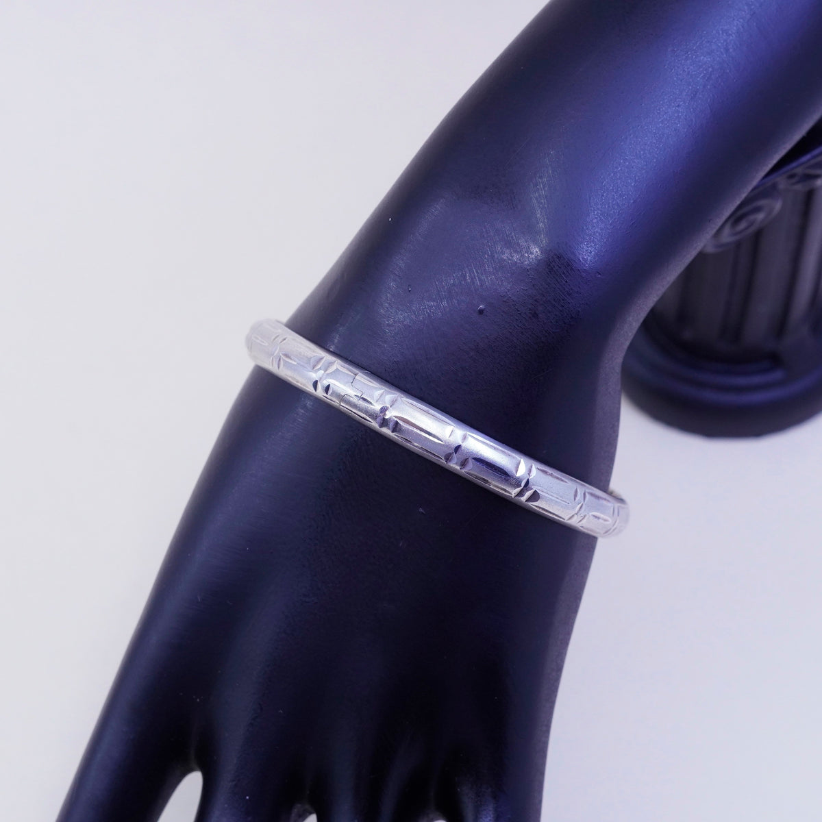 7.5”, sterling silver bracelet, Matt textured 925 hinged bangle N secure chain
