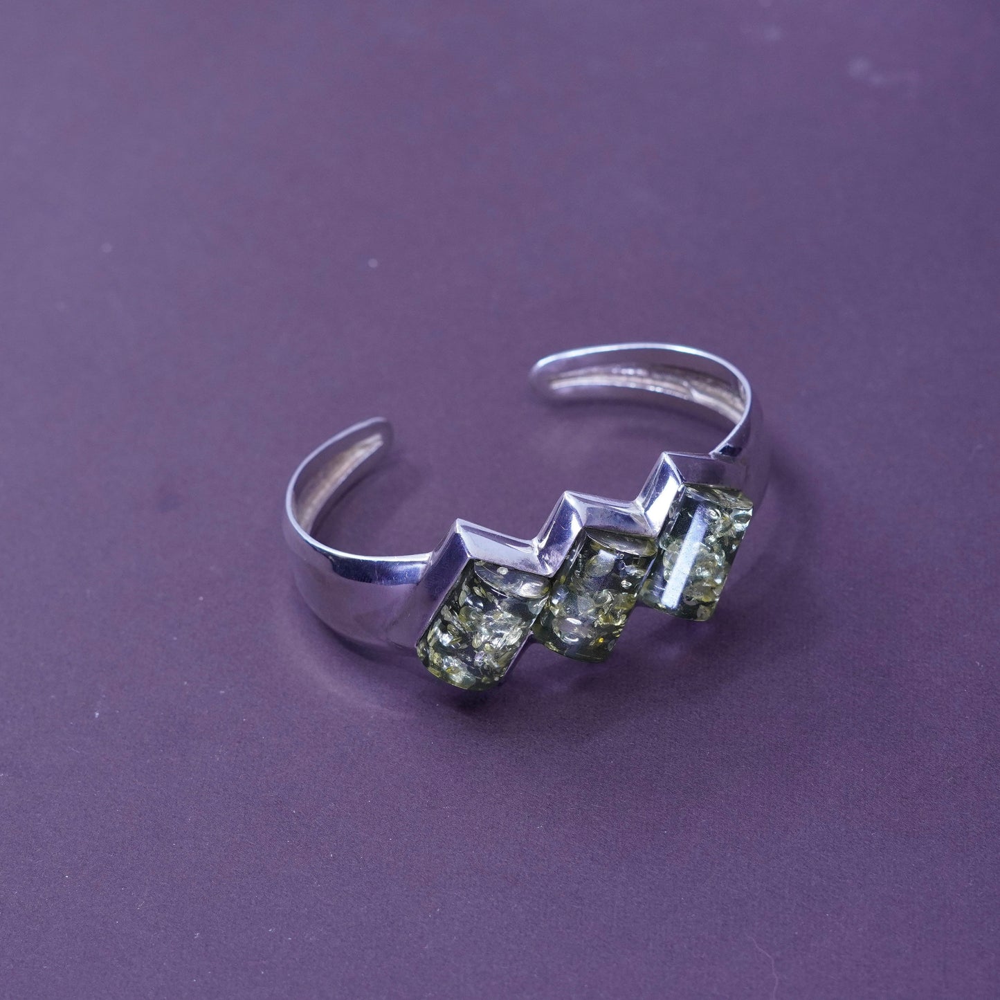 6.5”, Sterling silver handmade bracelet, statement 925 cuff with green Amber