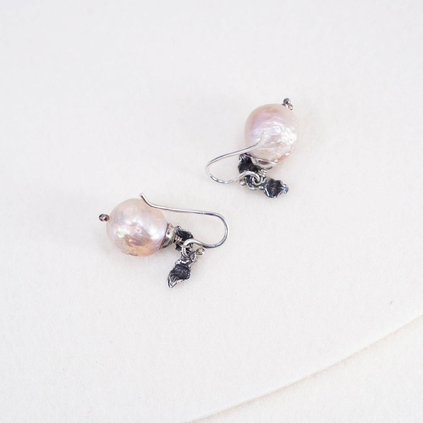Vintage sterling 925 silver handmade earrings with real pink pearl and leafy