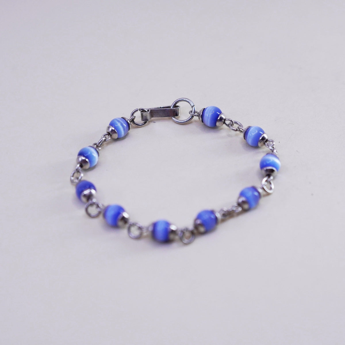 6”, Vintage Mexico sterling silver bracelet, 925 beads with blue cats eye