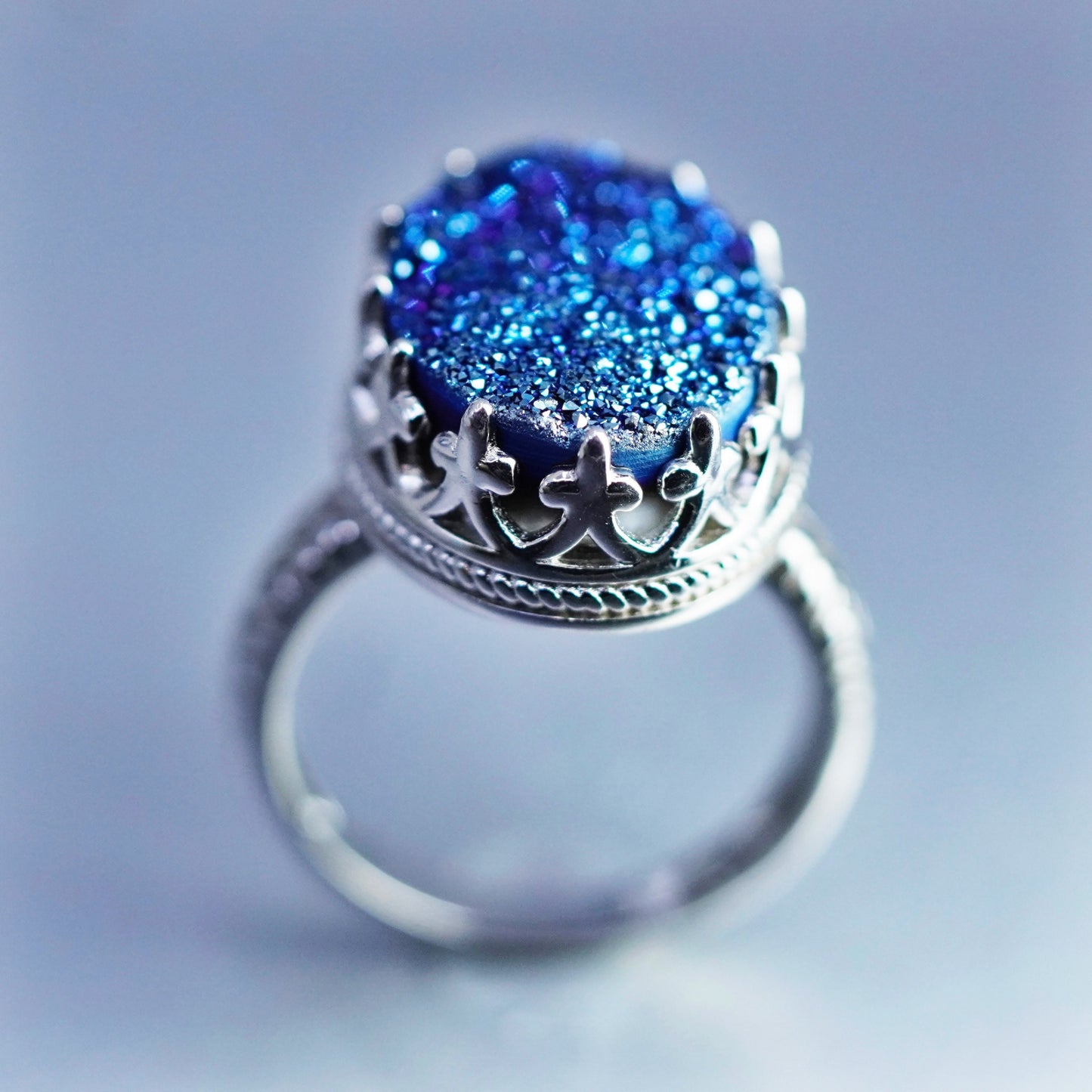Size 7, vintage Sterling 925 silver handmade ring blue druzy glittering quartz
