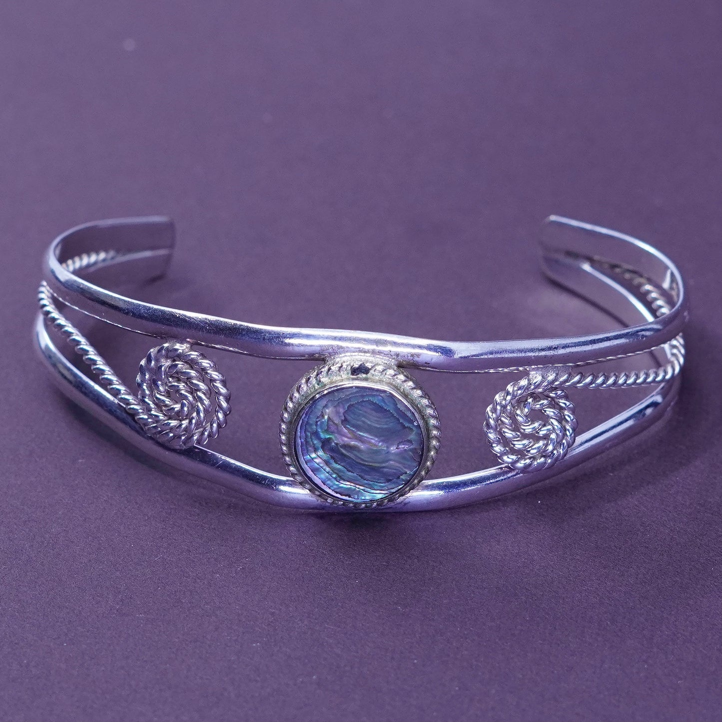 6.25”, Vintage handmade bracelet, alpaca silver with abalone Inlay