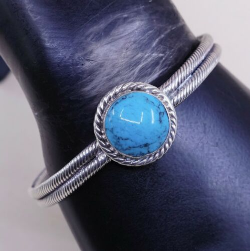7” Vtg Mexico Handmade Round Turquoise Sterling 925 Silver Cuff Bracelet