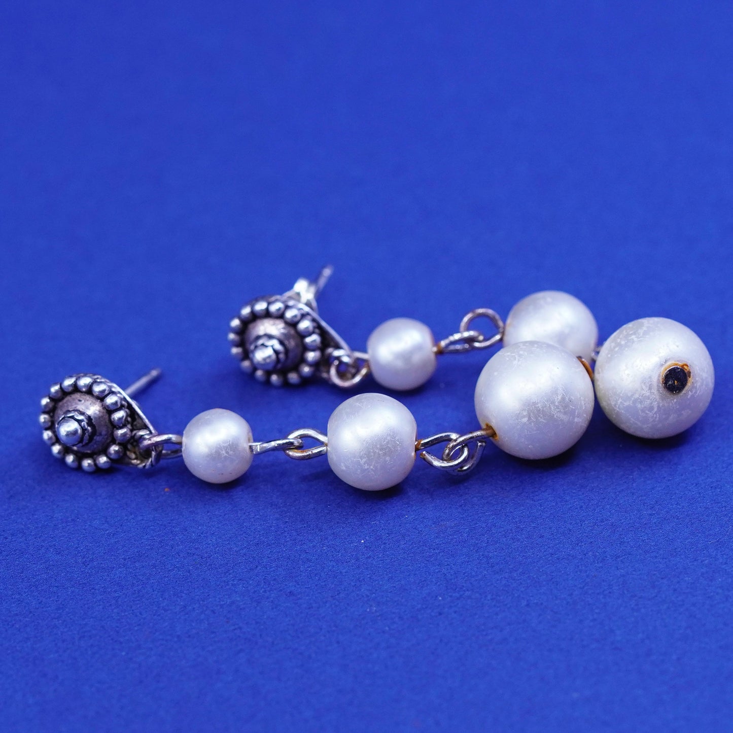 Vintage Sterling silver handmade earrings, bali 925 studs with pearl drops