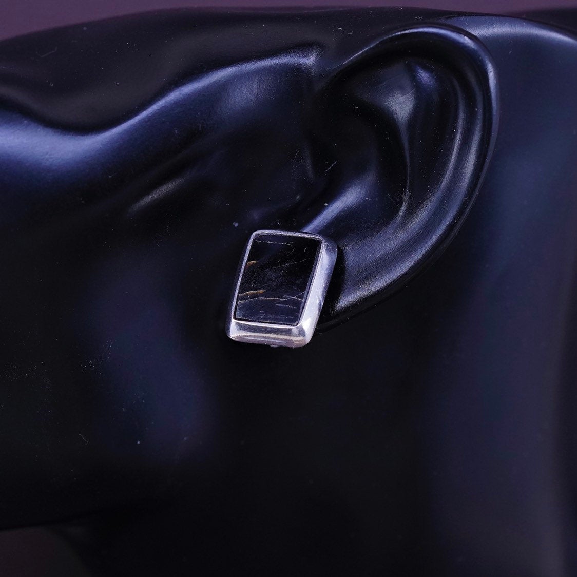vtg Sterling silver handmade earrings, 925 w/ square unpolished obsidian studs