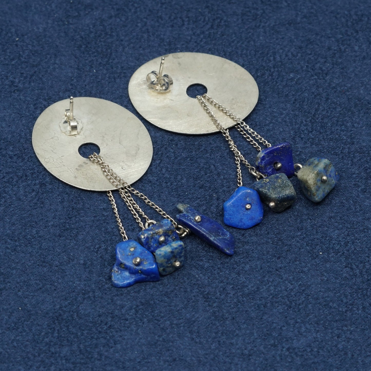 Berry sterling silver handmade earrings, 925 disc w/ Lapis lazuli beads