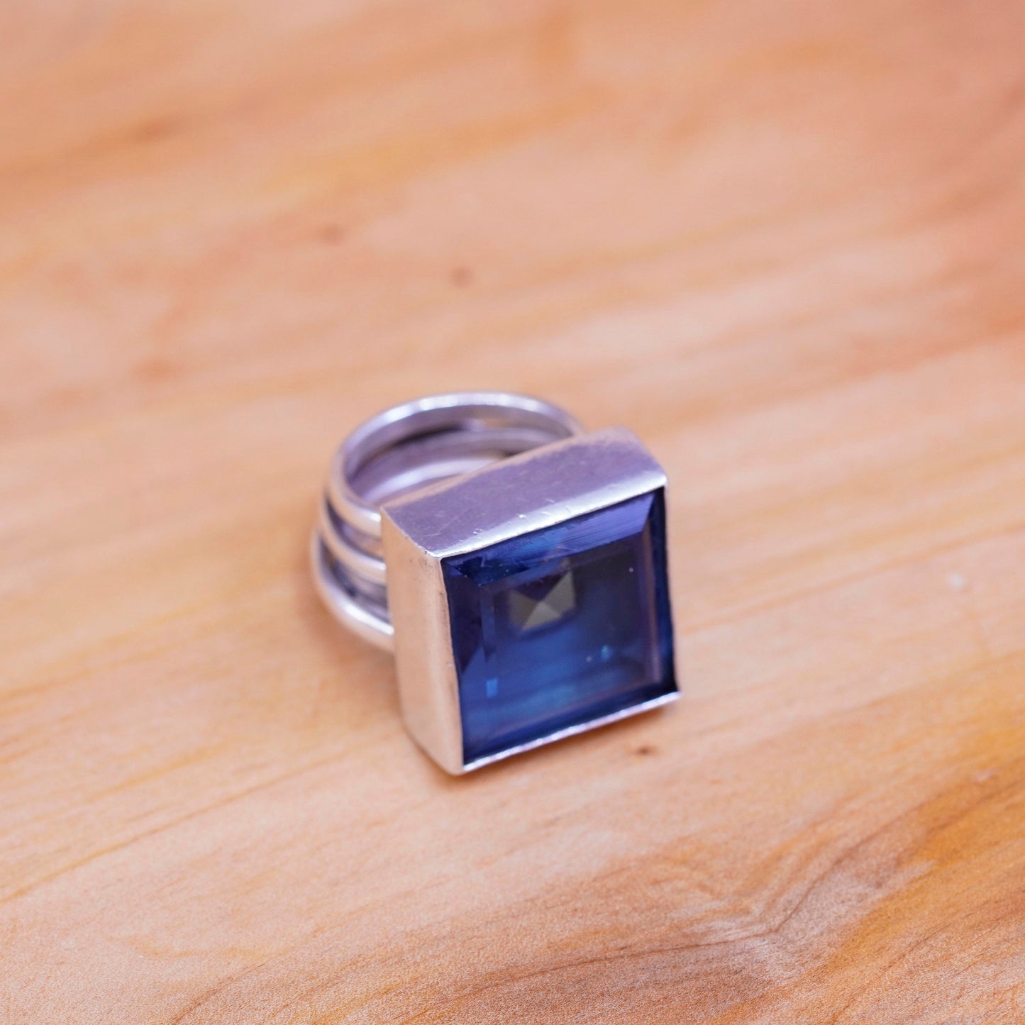 sz 5.5, vintage handmade statement ring, Sterling Silver square blue glass Ring