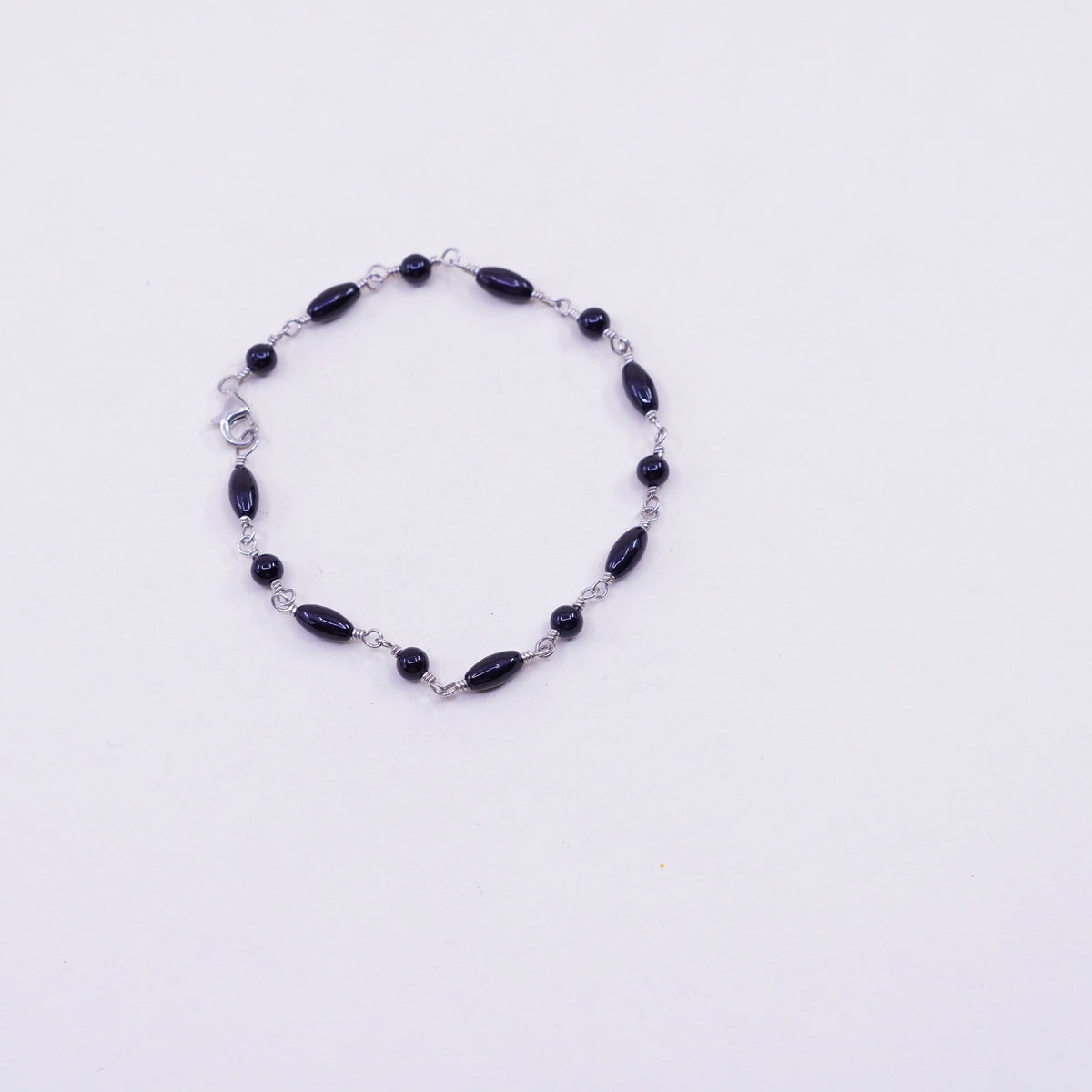 7.25”, Vintage Sterling 925 silver bracelet with obsidian link chain