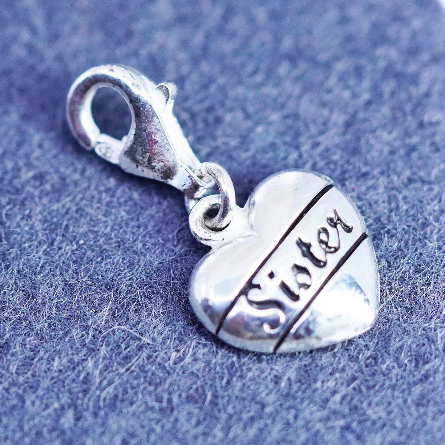Vintage sterling 925 silver heart charm pendant with sister