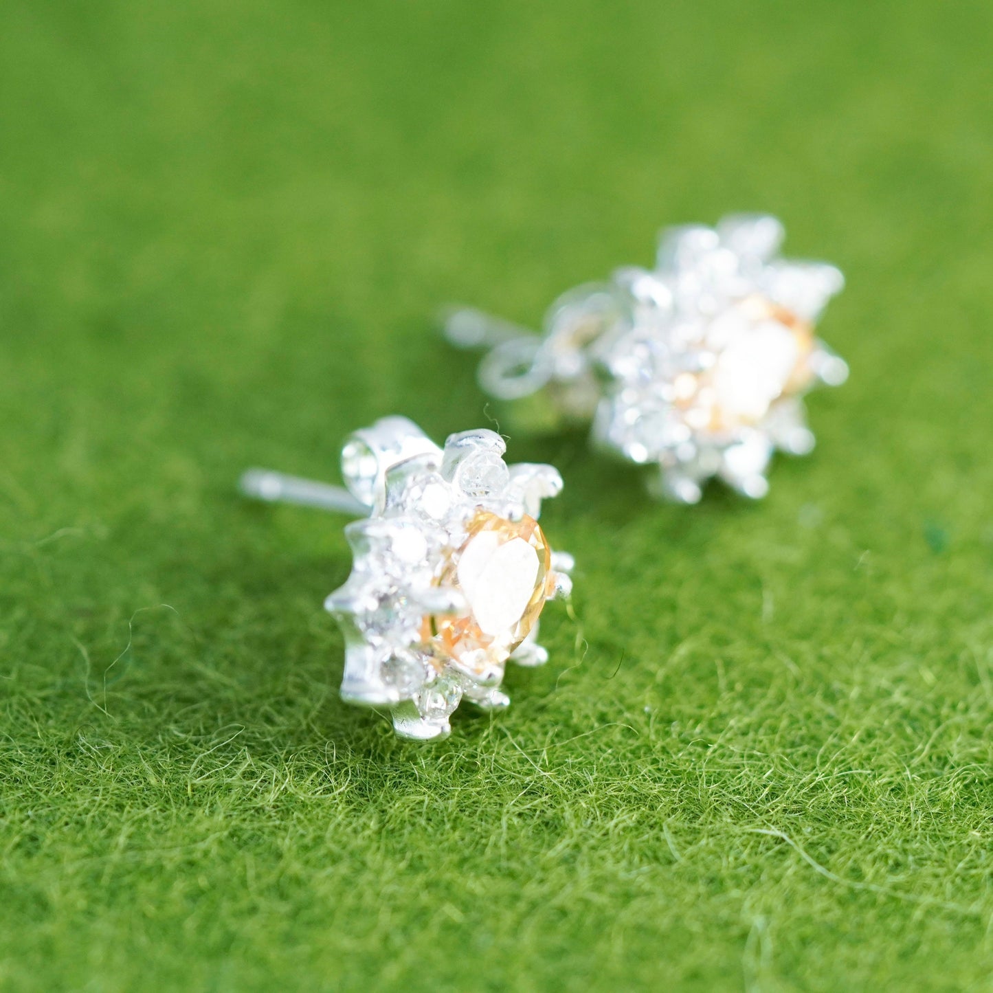 Vintage sterling silver studs earrings with citrine and cz, fashion earrings