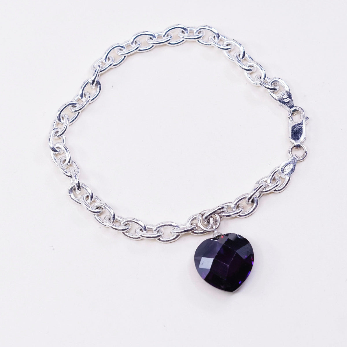 7.25”, vtg sterling silver bracelet, bold circle chain with crystal heart charm