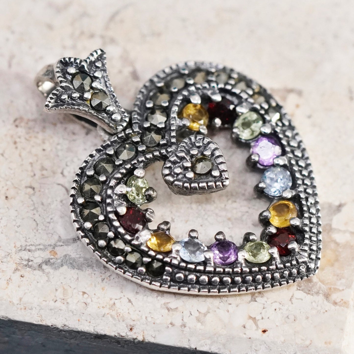 Sterling silver handmade pendant, 925 heart marcasite citrine peridot amethyst