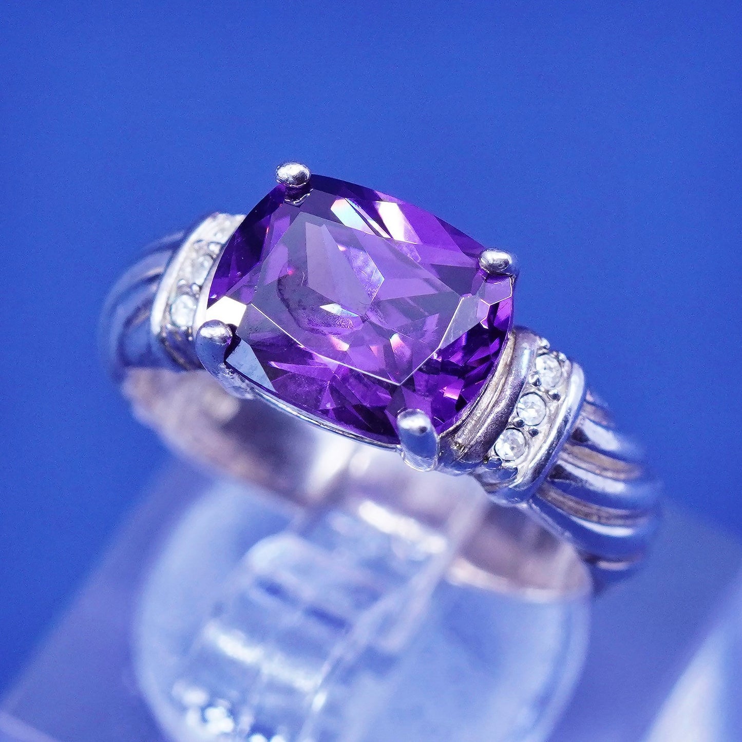 Size 6, vintage Sterling 925 silver engagement ring with amethyst and Cz