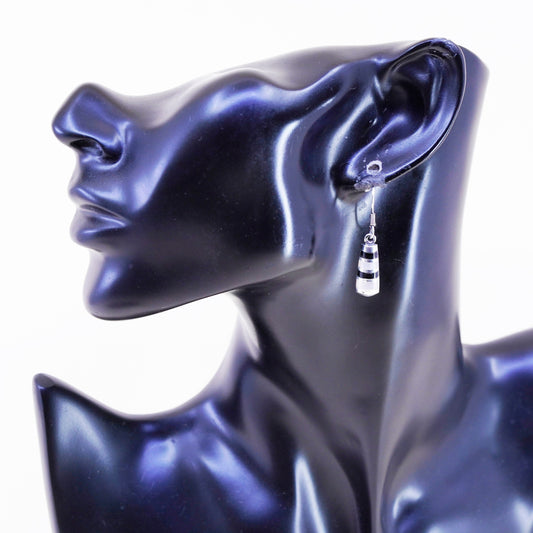 Vintage Sterling 925 silver handmade earrings with mother of pearl and obsidian