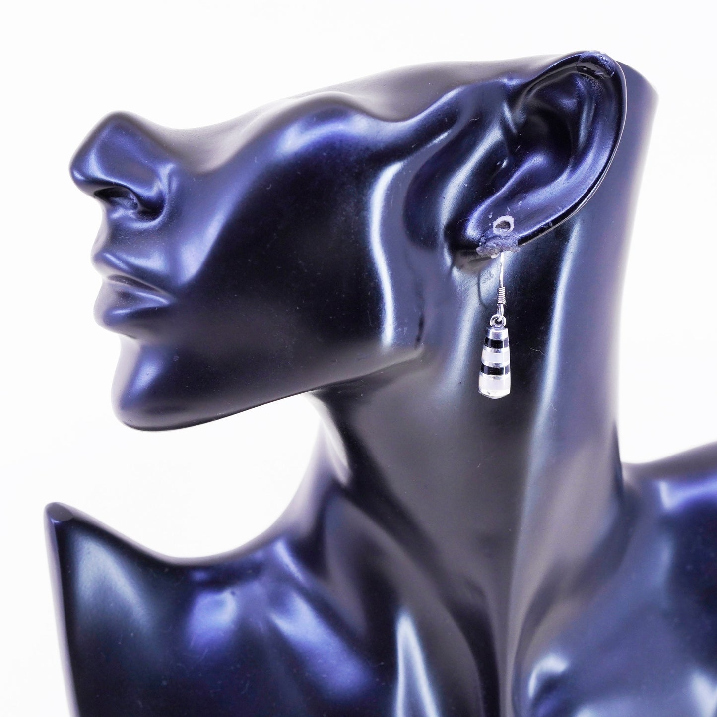 Vintage Sterling 925 silver handmade earrings with mother of pearl and obsidian