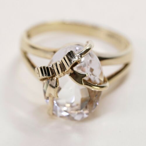 Sz 11.5, Turkey Vermeil Gold Over Sterling Ring, 925 Ring W/ Crystals Ribbon Bow