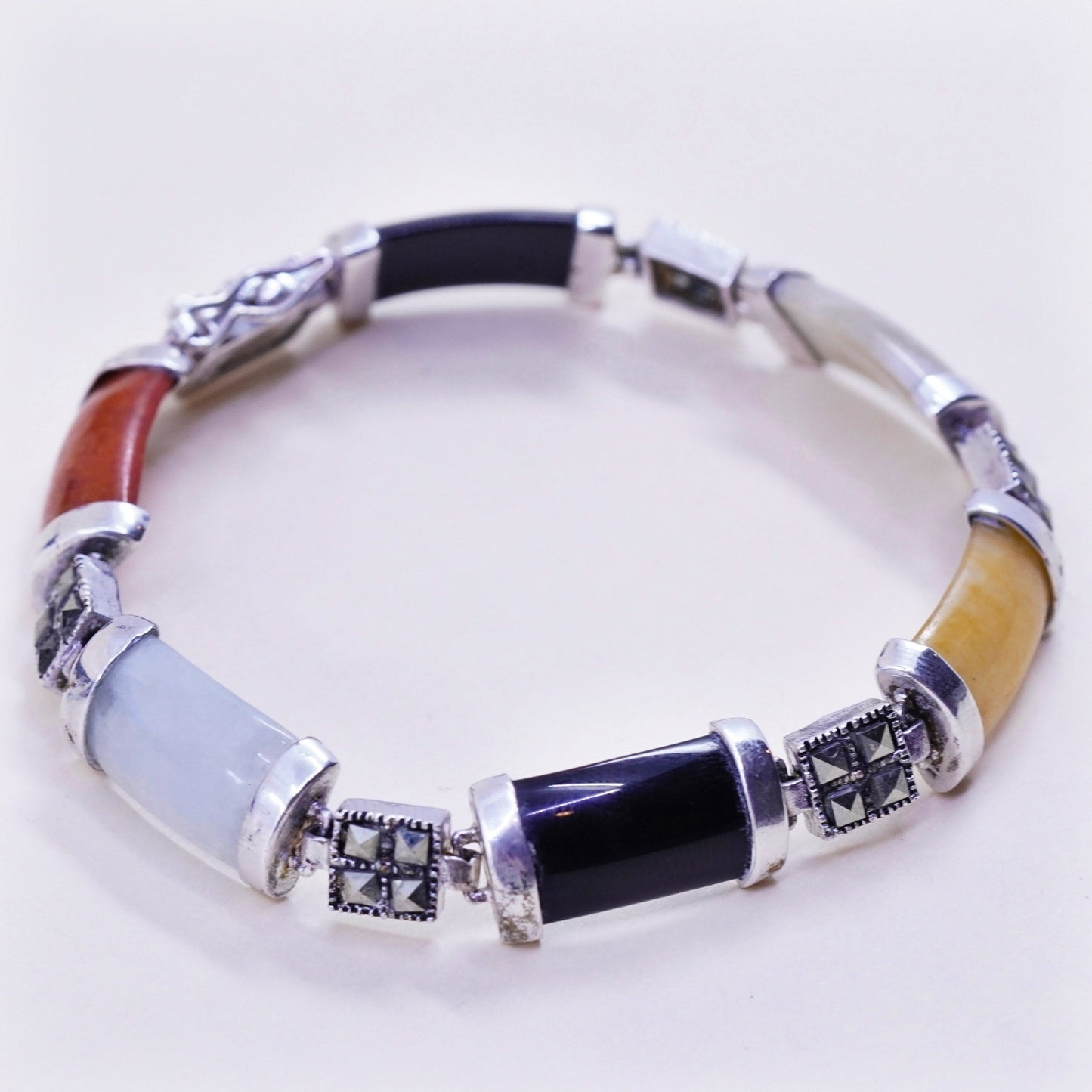 7.25”, sterling 925 silver bracelet jade, carnelian, obsidian bar marcasite