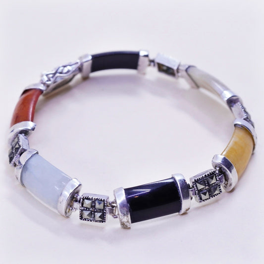 7.25”, sterling 925 silver bracelet jade, carnelian, obsidian bar marcasite