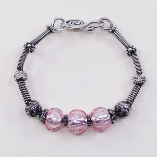 6.75”, Mexico Sterling 925 Silver Handmade Hinged Bangle W/ Pink Foiled Glass
