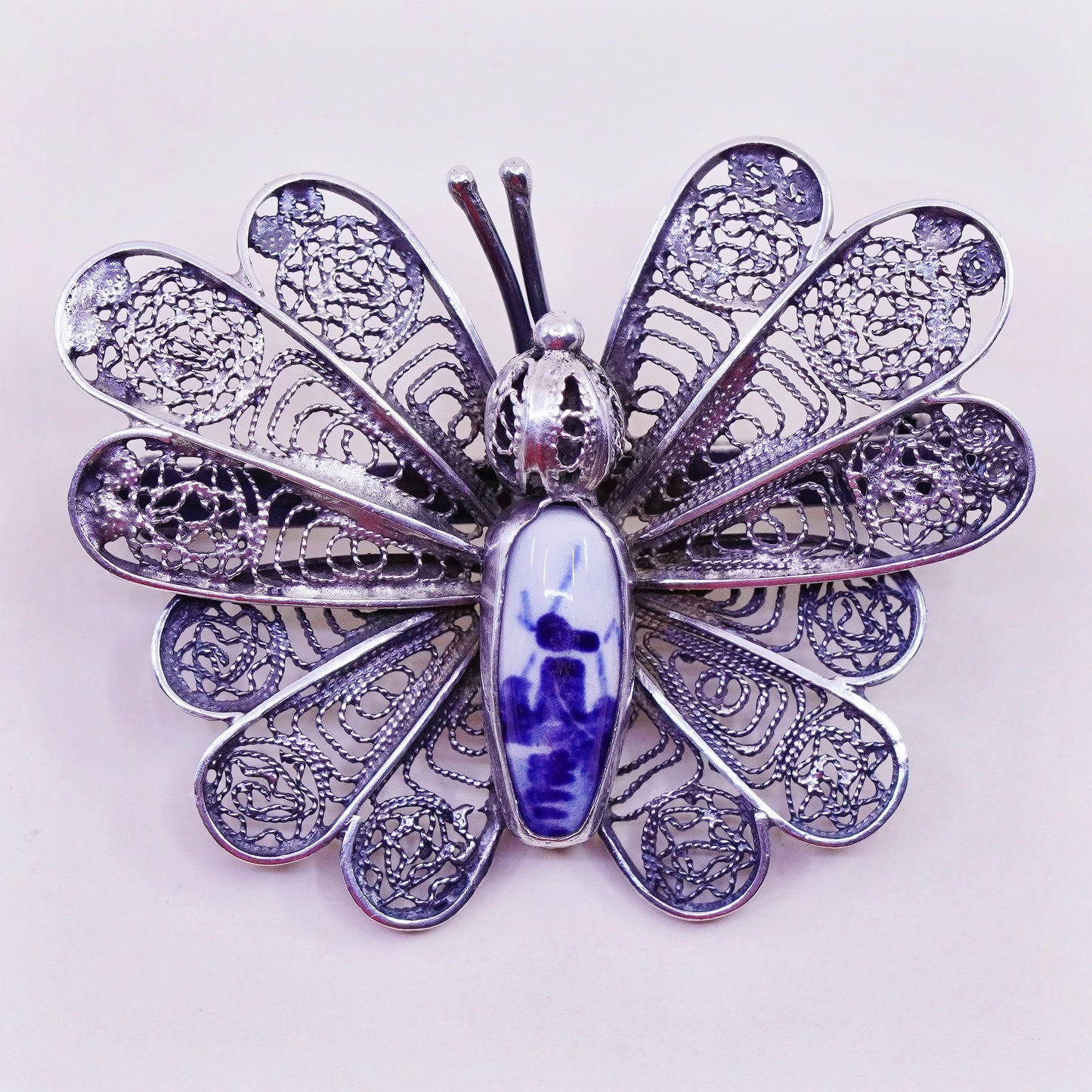 Holland Delft Windmill .925 Sterling Silver filigree Bezel butterfly Pin Brooch