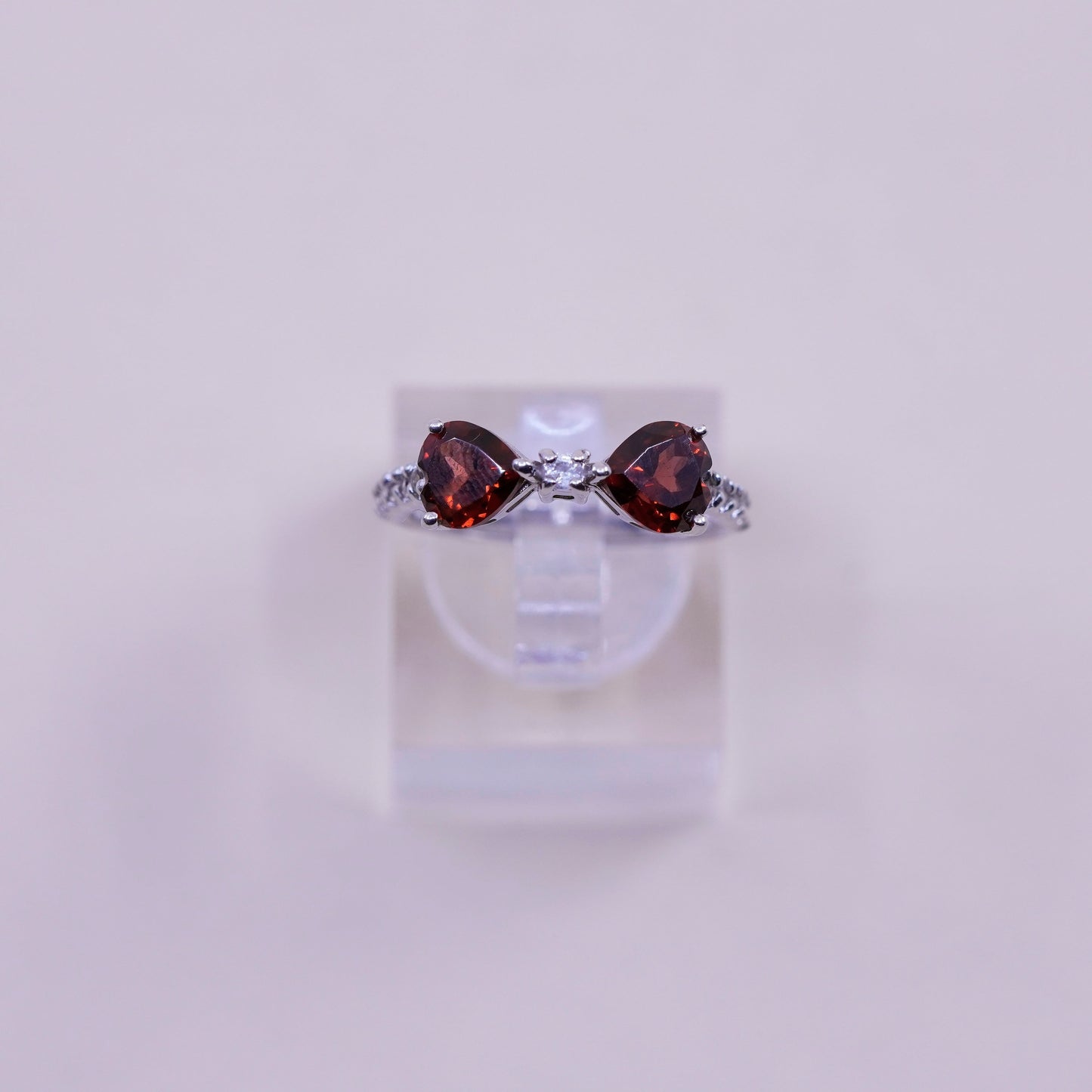 Size 6, Vintage sterling silver handmade engagement ring, heart ruby and cz