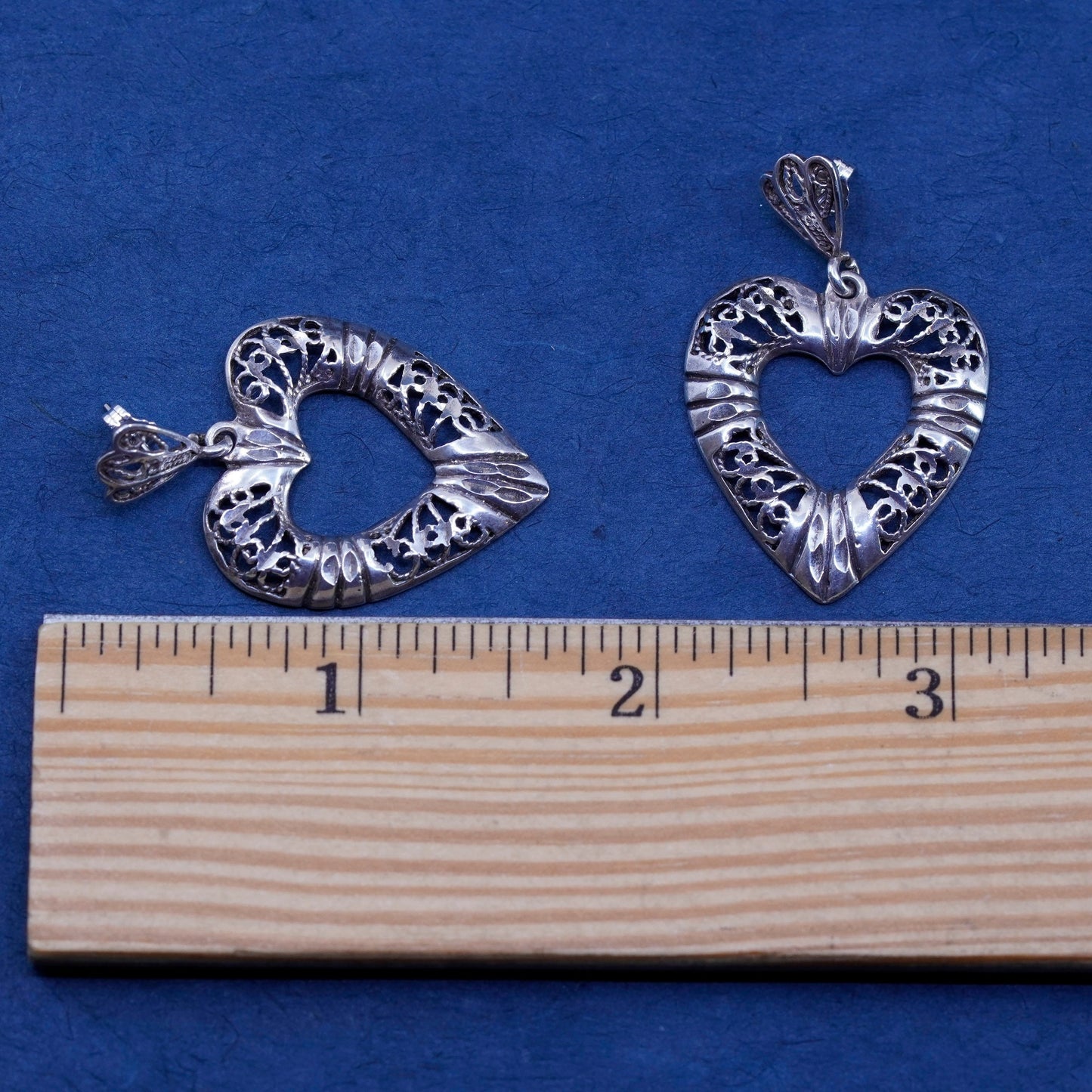 Vintage Sterling silver handmade earrings, 925 Bali filigree heart drops