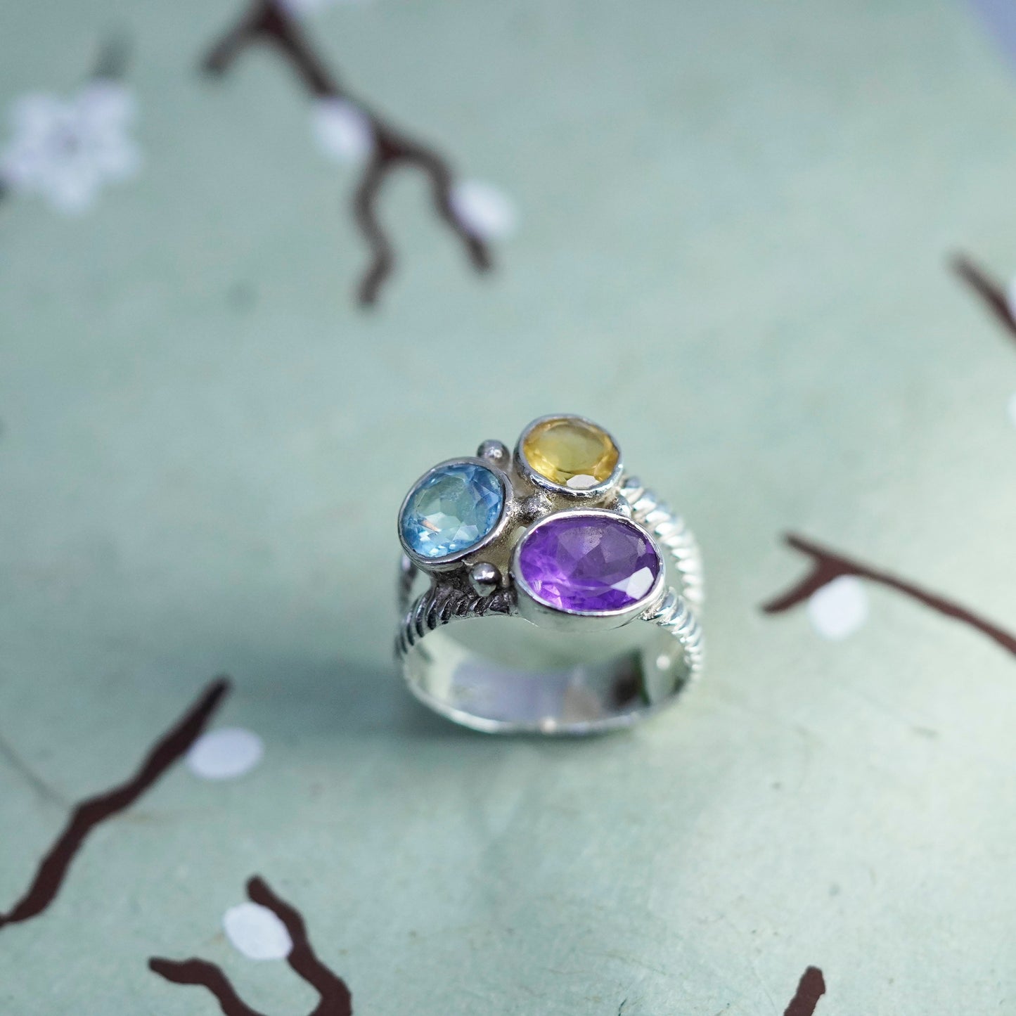 Size 6, vintage sterling 926 silver handmade ring with topaz citrine amethyst