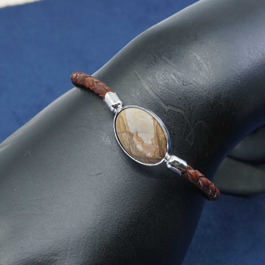 7”+1”, vtg Sterling silver handmade bracelet, 925 bangle w/ brown leather